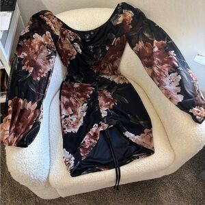 Windsor Black Floral Long-Sleeve Ruched Mini Dress